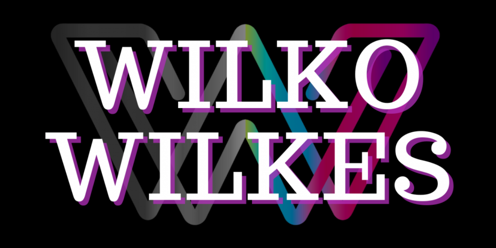 The words Wilko Wilkes on top of a symbol made of the letters WW that goes from black and white to blue and pink left to right
